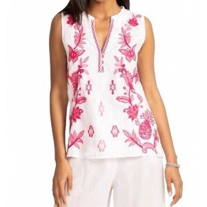 NWT Johnny Was Linen Ruffle Neck Tank - Orla White and Pink Embroidered S